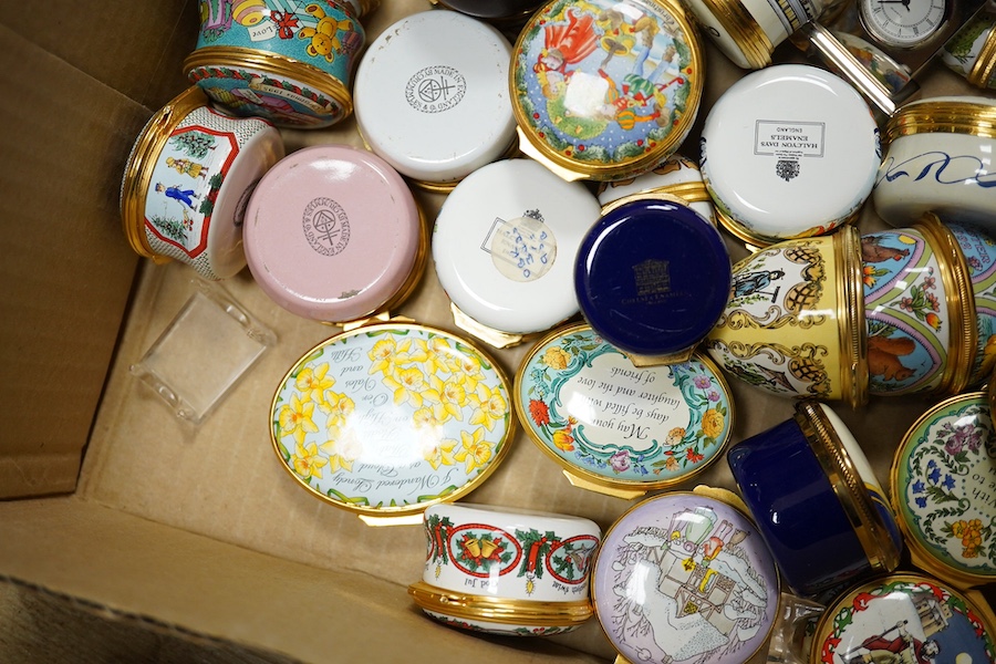 A collection of Halcyon Days enamel patch boxes, some cased. Condition - varies